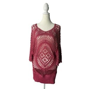 Sioni Sz M/L Pink Crochet Knit Boho Tunic Top Open Weave Batwing Sleeve Festival